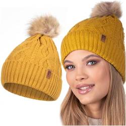 HEYO Damen Mütze Weiche Wintermütze mit Kunstfellbommel Leichte Bommelmütze Beanie Strickmütze gefüttert Mädels (Gelb) von HEYO