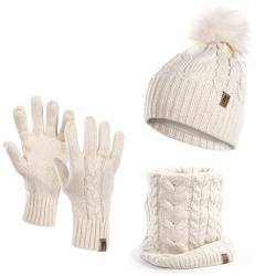 HEYO Damen Wintermütze Schlauchschal Handschuhe 3 teiliges Set | Warme Winter Mütze Schal Winterhandschuhe Beanie gefüttert HZ0004 (Beige) von HEYO