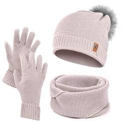 HEYO Damen Wintermütze Schlauchschal Handschuhe Set Winter Gestrickte Warme Mütze mit Schal und Winterhandschuhen | HZ0003 (Rosa) von HEYO