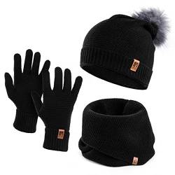 HEYO Damen Wintermütze Schlauchschal Handschuhe Set Winter Gestrickte Warme Mütze mit Schal und Winterhandschuhen | HZ0003 (Schwarz) von HEYO
