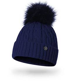 HEYO Damen Wintermütze mit Fleece Innenband H18527 | Slouch Beanie Winter Mütze | Warme Strickmütze mit Bommel | Bommelmütze (Dunkelblau) von HEYO