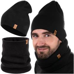 HEYO Herren Übergangsset Slouch Beanie Mütze Warme Strickmütze mellierter Schlauchschal Rundschal Weiche Übergangsmütze Herbst Loopschal Halswärmer 2er Set (Schwarz) von HEYO