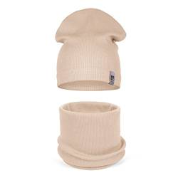 HEYO Kinder Beanie Mütze Schlauchschal Set für Mädchen Jungen Frühling Strickmütze Schal (Beige), 48, (HZD001) von HEYO