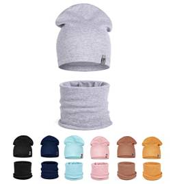 HEYO Kinder Beanie Mütze Schlauchschal Set für Mädchen Jungen Frühling Strickmütze Schal (Grau) von HEYO