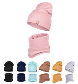 HEYO Kinder Beanie Mütze Schlauchschal Set für Mädchen Jungen Frühling Strickmütze Schal (Rosa) von HEYO