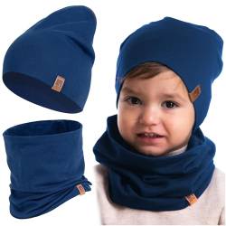 HEYO Kinder Set Beanie Mütze Schlauchal Baumwolle Rundschal weich Mädchen Jungen Herbst Frühling Frühlinsset Herbstset (Dunkelblau) von HEYO