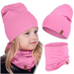 HEYO Kinder Set Beanie Mütze Schlauchal Baumwolle Rundschal weich Mädchen Jungen Herbst Frühling Frühlinsset Herbstset (Fuchsie) von HEYO