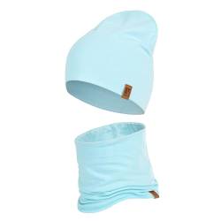 HEYO Kinder Set Beanie Mütze Schlauchschal Baumwolle Rundschal weich Mädchen Jungen Herbst Frühling Frühlinsset Herbstset (Hellblau) von HEYO