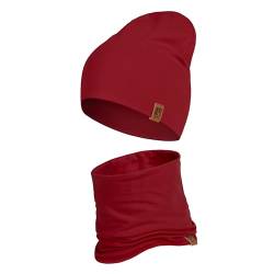 HEYO Kinder Set Beanie Mütze Schlauchschal Baumwolle Rundschal weich Mädchen Jungen Herbst Frühling Frühlinsset Herbstset (Weinrot) von HEYO