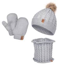 HEYO Kinder Winter Set Mütze gefüttert mit Fleece warm Schlauchschal Loopschal Handschuhe weich Bommelmütze Rundschal Kleinkinder Strickmütze Jungen Mädchen (Grau) von HEYO