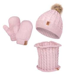 HEYO Kinder Winter Set Mütze gefüttert mit Fleece warm Schlauchschal Loopschal Handschuhe weich Bommelmütze Rundschal Kleinkinder Strickmütze Jungen Mädchen (Rosa) von HEYO