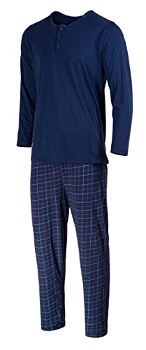 HEYO Schlafanzug Herren Lang Pyjama Baumwolle Zweiteiliges Set Langarm Shirt Lange Karierte Pyjamahose (as3, Alpha, m, Regular, Regular, Standard, Dunkelblau, M) von HEYO