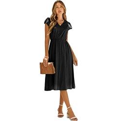 HEYPORK Damen Frühling Sommer Rock Bequem Lässig Kleider Mode Elegant Röcke Frauen Beiläufige Feste Farbe V-Ausschnitt Taille Abnehmender Frischer Stil Kleid(Schwarz, L) von HEYPORK