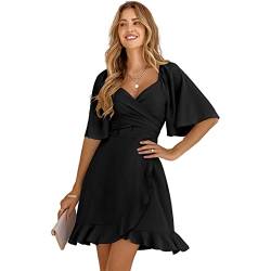 HEYPORK Damen Frühling Sommer Rock Bequem Lässig Kleider Mode Elegant Röcke Frauen V-Ausschnitt Einfarbig Taille Verkleinernde Rüsche Kleid(A Schwarz, XL) von HEYPORK