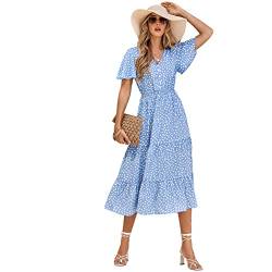 HEYPORK Damen Frühling Sommer Rock Bequem Lässig Kleider Mode Elegant Röcke Frauen V-Ausschnitt Ruffle Ärmel Bedrucktes Kleid(Blau, M) von HEYPORK