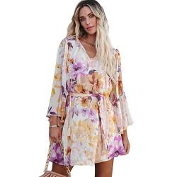 HEYPORK Damen Frühling Sommer Rock Bequem Lässig Kleider Mode Frauen Röcke Mode Floral V-Ausschnitt Lange Ärmel Rückenfrei Schnürung Lässig Kleid(Lila, L) von HEYPORK