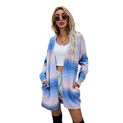 HEYPORK Damen Herbst Winter Warm Bequem Jacke Casual Mode übergangsjacke Mantel Frauen Pullover Regenbogen Mittlere Länge Strickjacke Tasche Gestrickt Jacke(Blau, 2XL) von HEYPORK