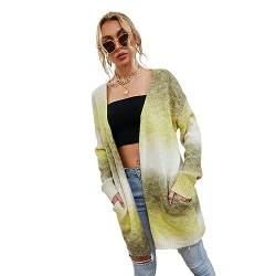 HEYPORK Damen Herbst Winter Warm Bequem Jacke Casual Mode übergangsjacke Mantel Frauen Pullover Regenbogen Mittlere Länge Strickjacke Tasche Gestrickt Jacke(Gelb, M) von HEYPORK