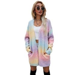 HEYPORK Damen Herbst Winter Warm Bequem Jacke Casual Mode übergangsjacke Mantel Frauen Pullover Regenbogen Mittlere Länge Strickjacke Tasche Gestrickt Jacke(P Rosa, M) von HEYPORK