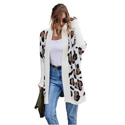 HEYPORK Damen Herbst Winter Warm Bequem Jacke Casual Mode übergangsjacke Mantel Frauen Strickjacke Jacke Persönlichkeit Mode Leopardenmuster Gestrickt Pullover(Weiß, L) von HEYPORK