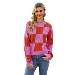 HEYPORK Damen Herbst Winter Warm Bequem Pullover Casual Mode Strickjacke Strickpullover Frauen Checkerboard Pullover Kurzer Strickpullover(Rot, L) von HEYPORK