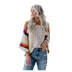 HEYPORK Damen Herbst Winter Warm Bequem Pullover Casual Mode Strickjacke Strickpullover Frauen Frühling Sommer Hollow Beach Shirt Patchwork Gestrickt Regenbogen Pullover(Aprikose, L) von HEYPORK