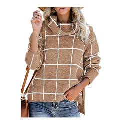 HEYPORK Damen Herbst Winter Warm Bequem Pullover Casual Mode Strickjacke Strickpullover Frauen Karierter Pullover Rollkragenpullover Karierter Strickpullover(Khaki, XL) von HEYPORK