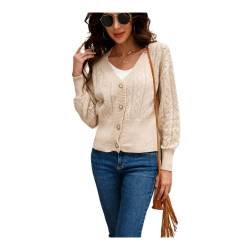 HEYPORK Damen Herbst Winter Warm Bequem Pullover Casual Mode Strickjacke Strickpullover Frauen Knopf Kurz Hohl Strickjacke Hundert Persönlichkeit Gestrickt Shirt(Aprikose, L) von HEYPORK