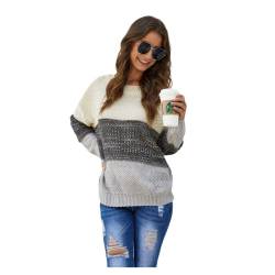 HEYPORK Damen Herbst Winter Warm Bequem Pullover Casual Mode Strickjacke Strickpullover Frauen Lose dreifarbige Patchwork Rundhals Langarm Strickwaren(Grau, L) von HEYPORK