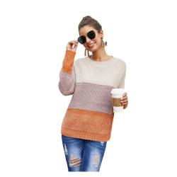 HEYPORK Damen Herbst Winter Warm Bequem Pullover Casual Mode Strickjacke Strickpullover Frauen Lose dreifarbige Patchwork Rundhals Langarm Strickwaren(Orange, M) von HEYPORK