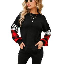 HEYPORK Damen Herbst Winter Warm Bequem Pullover Casual Mode Strickjacke Strickpullover Frauen Rundhals Kariert Mode Bottoming Pullover Kleines Shirt(Schwarz, XL) von HEYPORK