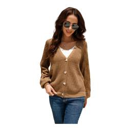 HEYPORK Damen Herbst Winter Warm Bequem Pullover Casual Mode Strickjacke Strickpullover Frauen Strickpullover mit Kettengliedern und Ausschnitten(Khaki, S) von HEYPORK