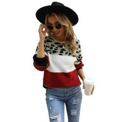 HEYPORK Damen Herbst Winter Warm Bequem Pullover Casual Mode Strickjacke Strickpullover Frauen Winter Patchwork Leopard Druck Rundhals Pullover Pullover Stricken(Rot, M) von HEYPORK