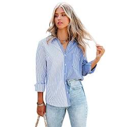 HEYPORK Damen Sommer Top Bluse Bequem Lässig Mode T-Shirt Blusen Frauen Frühjahr/Sommer Gestreift Druck Lange Ärmel Strickjacke Einreihig Shirt(Blau, M) von HEYPORK