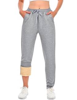 HFDWYJ Damen Jogginghose Fleece Lang Winterhose Warme Kuschelhose Flauschig Freizeithose Sweatpants Winter Sporthosen Gefüttert Jogger Hose mit Tasche Hellgrau XL von HFDWYJ