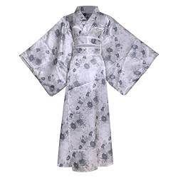 Damen Kurz Kimono Kostüm Floral Geisha Lolita Yukata Asien Traditionelle Sexy Bademantel Nachtwäsche Robe Gürtel Outfit, L04# Grau, Large von HFU