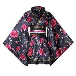 HFU Damen Kurz Kimono Kostüm Floral Geisha Lolita Yukata Asien Traditionelle Sexy Bademantel Nachtwäsche Robe Gürtel Outfit, S04# Schwarz, Large von HFU