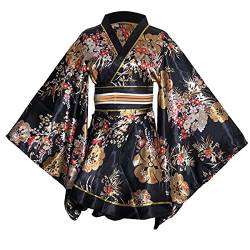 HFU Damen Kurz Kimono Kostüm Floral Geisha Lolita Yukata Asien Traditionelle Sexy Bademantel Nachtwäsche Robe Gürtel Outfit, S05# Schwarz, Large von HFU