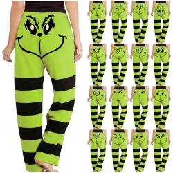 Grün Monster Pyjama Hose Damen Plus Size Hose Weihnachts Schlafanzug Damen Pyjamahose Jogginghose Winter Freizeithosen Übergröße Hose Grünes Gestreifte Weihnachtshose #01-Grün 3XL von HGWOPGASD