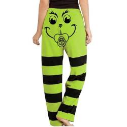 Weihnachtshose Grün Monster Hose Plus Size Hose für Damen Grünes Gestreifte Patchwork Pyjamahose Jogginghose Damen Weihnachten Cartoon Grün Monster Pyjama Hose 02-Minzgrün M von HGWOPGASD