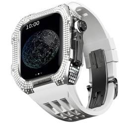 HHBYLEEE- Gummiband Titan Lünette für Apple Watch 7/6/5/4/SE Apple Mod Watch Zubehör Ersatz Titan Luxus Gehäuse Kompatibel mit iWatch Serie 44mm mit Werkzeug(Weiß 8,44MM) von HHBYLEEE