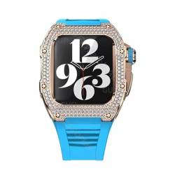 HHBYLEEE- Luxuriöses Diamant-Edelstahl-Modifikationsset für iWatch Serie 44 mm 45 mm Metallgehäuse Gummiband Armband für Apple Watch 7 6 5 4(blau,44MM For 6/5/4/SE) von HHBYLEEE