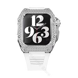 HHBYLEEE- Luxuriöses Diamant-Edelstahl-Modifikationsset für iWatch Serie 44 mm 45 mm Metallgehäuse Gummiband Armband für Apple Watch 7 6 5 4(weiß,44MM For 6/5/4/SE) von HHBYLEEE