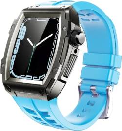 HHBYLEEE- RM Luxuriöses Metall-Uhrengehäuse und Gummi-Uhrenarmband, Zubehör, für Apple Watch Band Serie 8, 7, 6, SE, 5, 4, SE, 44 mm, 45 mm, Modifikationsset(Blau Schwarz Blau,44mm) von HHBYLEEE
