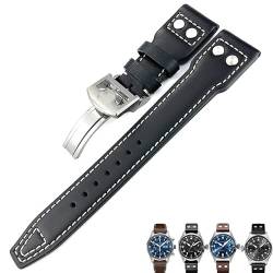 HHBYLEEE Uhrenarmband aus echtem Kalbsleder, 21 mm, 22 mm, geeignet für IWC Big Pilot Top Gun IW5009 IW5103 mit Draht-Nagel-Uhrenarmband/Farbe:Schwarz Weiß Rund, Größe:22 mm von HHBYLEEE