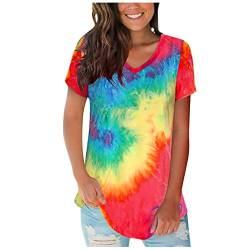 Batik Shirt Für Frauen, Tshirt Damen V Ausschnitt Sommer Kurzarm Oberteile Lässig Fit Damentop Bunt Coole T-Shirt Lose Tunika Oberteil Casual Mode Bluse T Shirts von HHMY