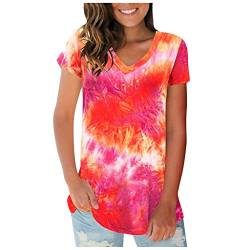 Batik Shirt Für Frauen, Tshirt Damen V Ausschnitt Sommer Kurzarm Oberteile Lässig Fit Damentop Bunt Coole T-Shirt Lose Tunika Oberteil Casual Mode Bluse T Shirts von HHMY