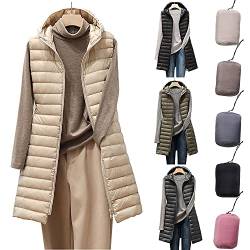 HHMY Damenwesten Große Größen, Leichter Steppmantel Winter Ultraleicht Daunenweste Mit Kapuze Leichte Stepjacke Lange Elegant Daunenjacke Warme Übergangsjacke, M01-Beige, 3XL von HHMY