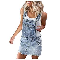 HHMY Jeans Latzhose Kurz Damen - Latzkleid Jeanslatzhose- Denim-Overall -Jumpsuit Playsuit Jeans-Hosenanzug- Romper- TräGerhose- Latzrock Jeansskirt- Jeansrock- Minirock- TräGern Streetwear, Blau, L von HHMY