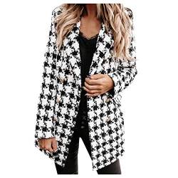 HHMY Kariert Anzugjacke Damen - Langarm Blazer Revers Zweireiher Hahnentritt Jacke Slim Fit Mantel Langarm Sakko Elegant Damenmode, Mitte Oberschenkellang von HHMY